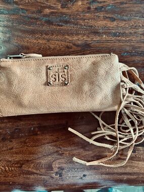 Tan Leather Fringe Crossbody Clutch